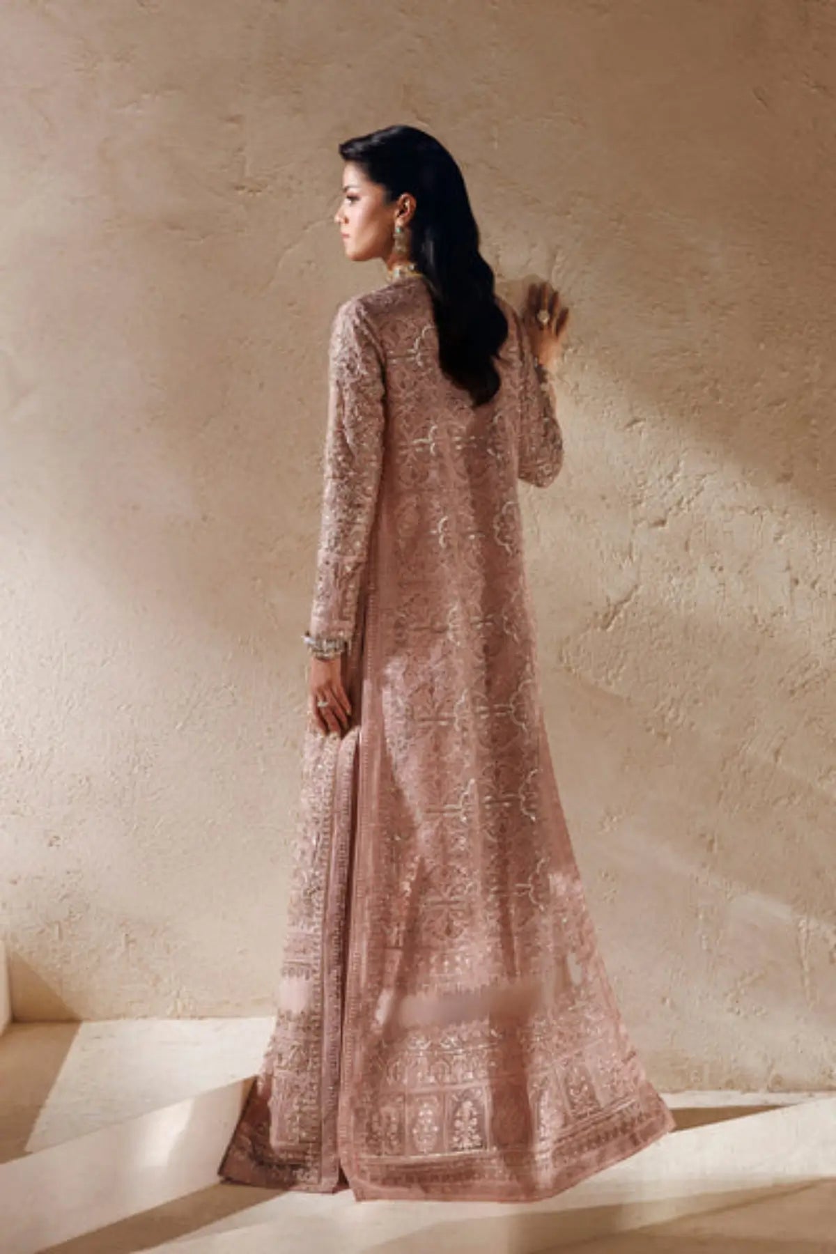 Célestine Modern Muse 26 dusty rose embellished organza stitched engagement suit with self-silk trousers and embroidered net dupatta