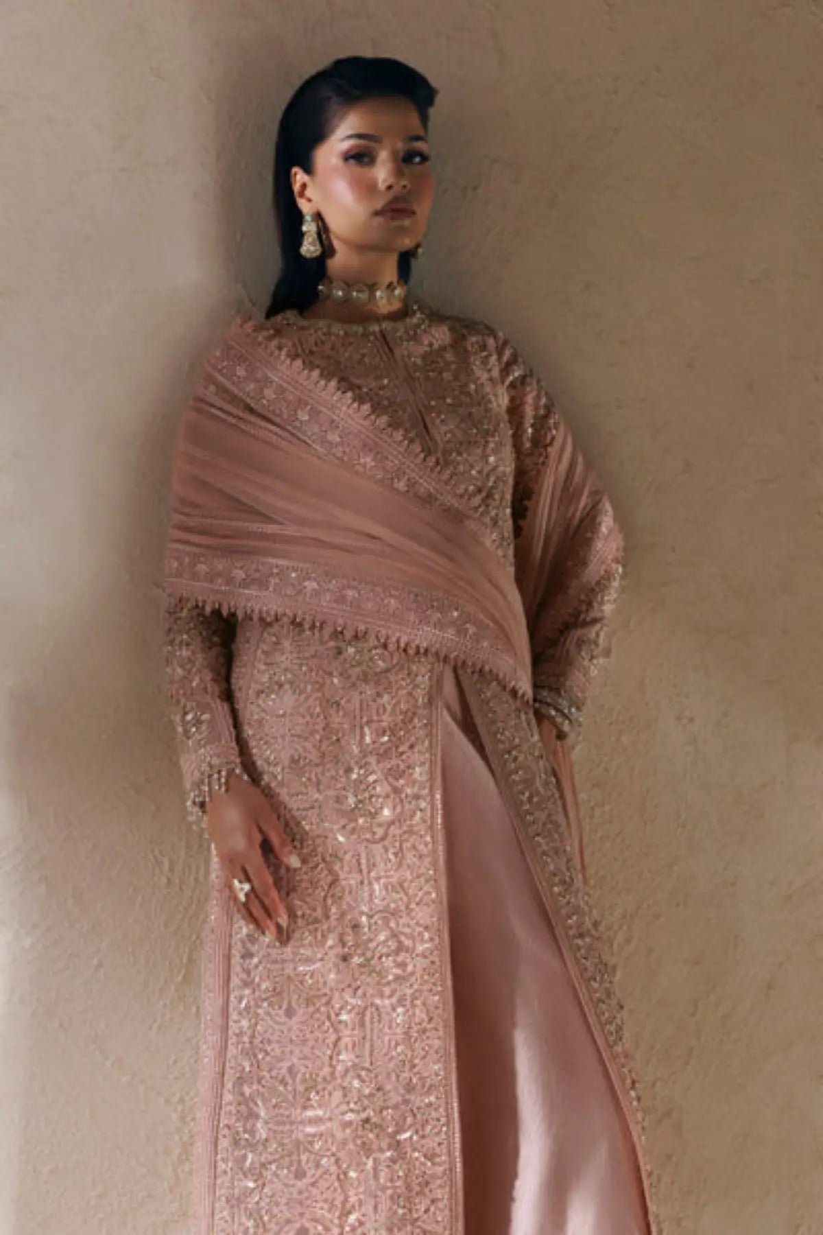 Célestine Modern Muse 26 dusty rose embellished organza stitched engagement suit with self-silk trousers and embroidered net dupatta