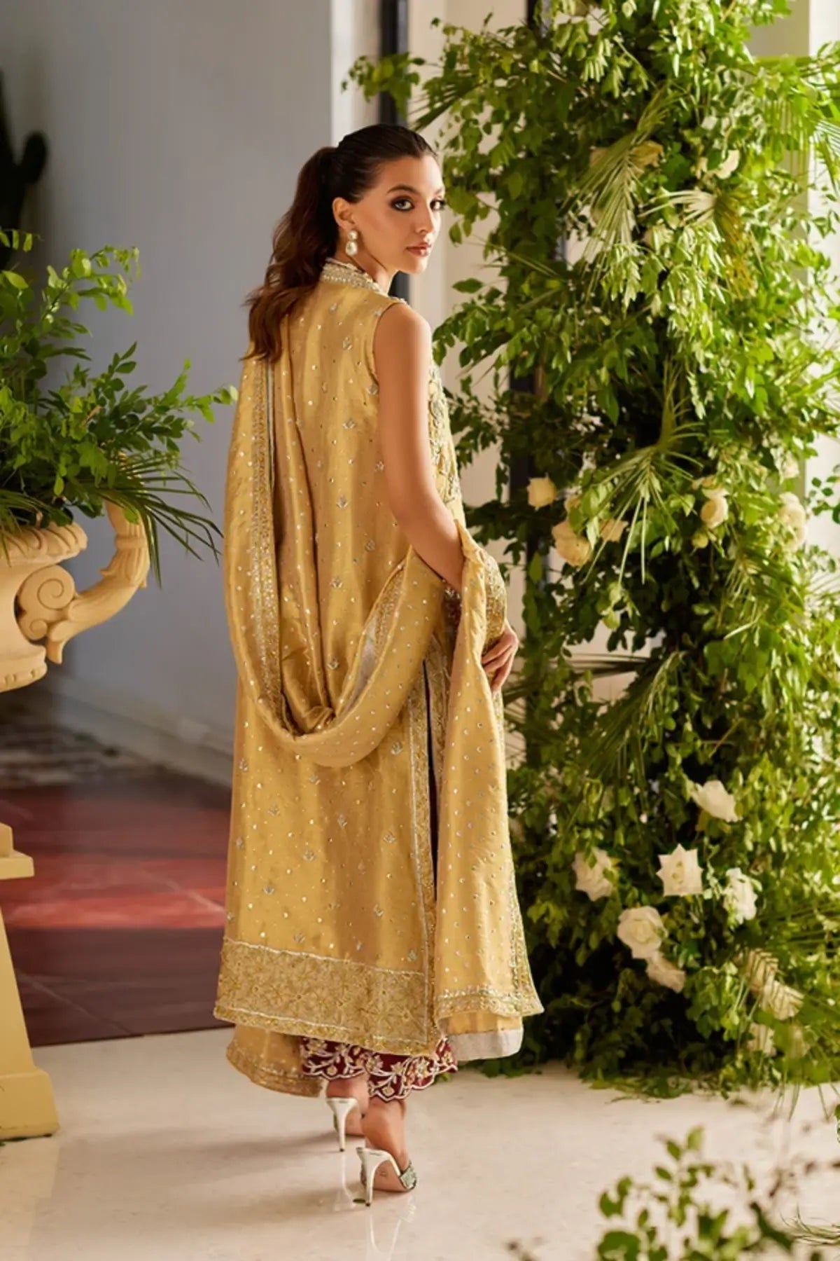 Celina Gold & Maroon Hand Embellished Lame Tissue Shirt with Cotton Silk Pants and Matching Embellished Dupatta