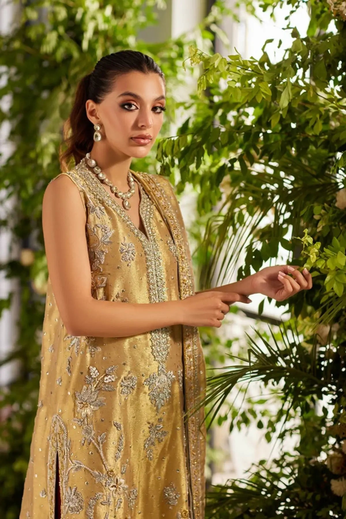 Celina Gold & Maroon Hand Embellished Lame Tissue Shirt with Cotton Silk Pants and Matching Embellished Dupatta