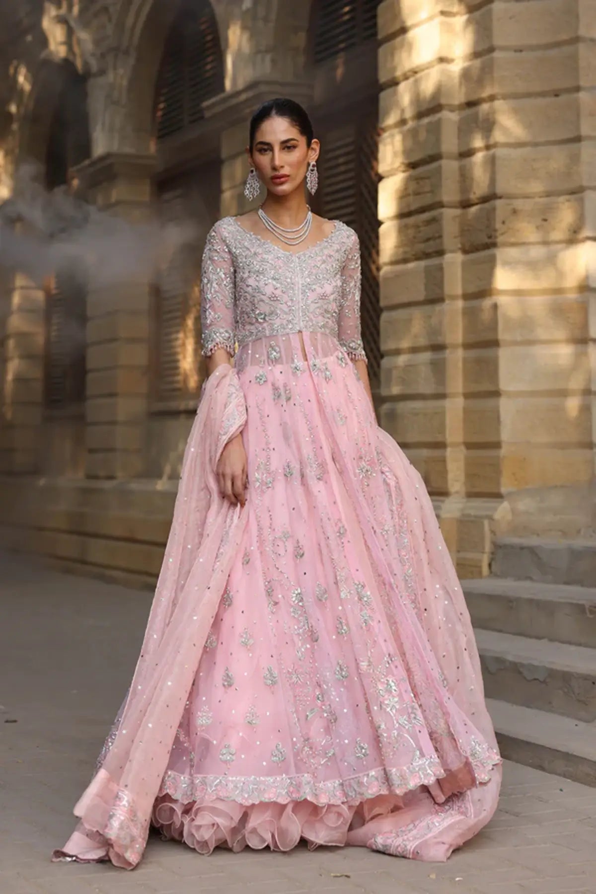 Celine Soft Pink Embellished Net Pishwas with Organza Lehenga and Matching Dupatta