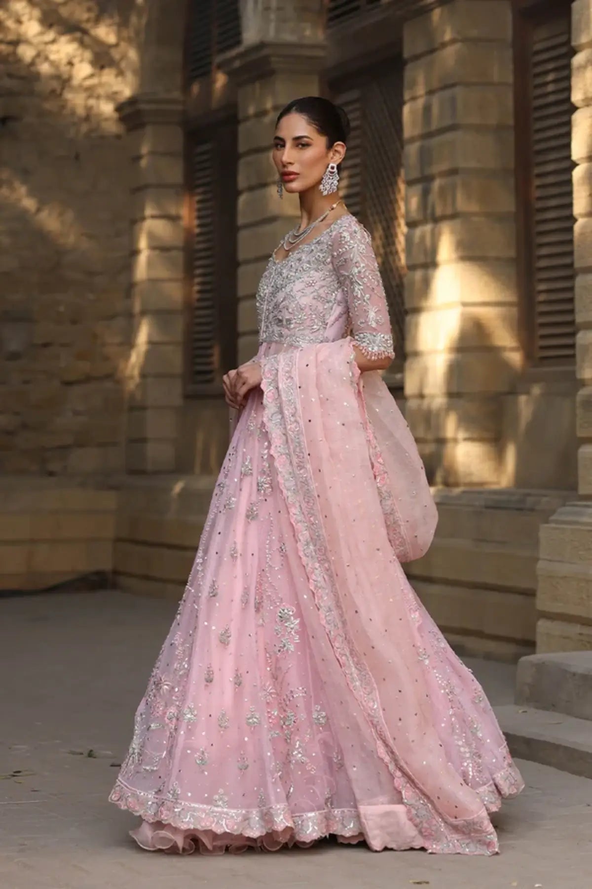 Celine Soft Pink Embellished Net Pishwas with Organza Lehenga and Matching Dupatta