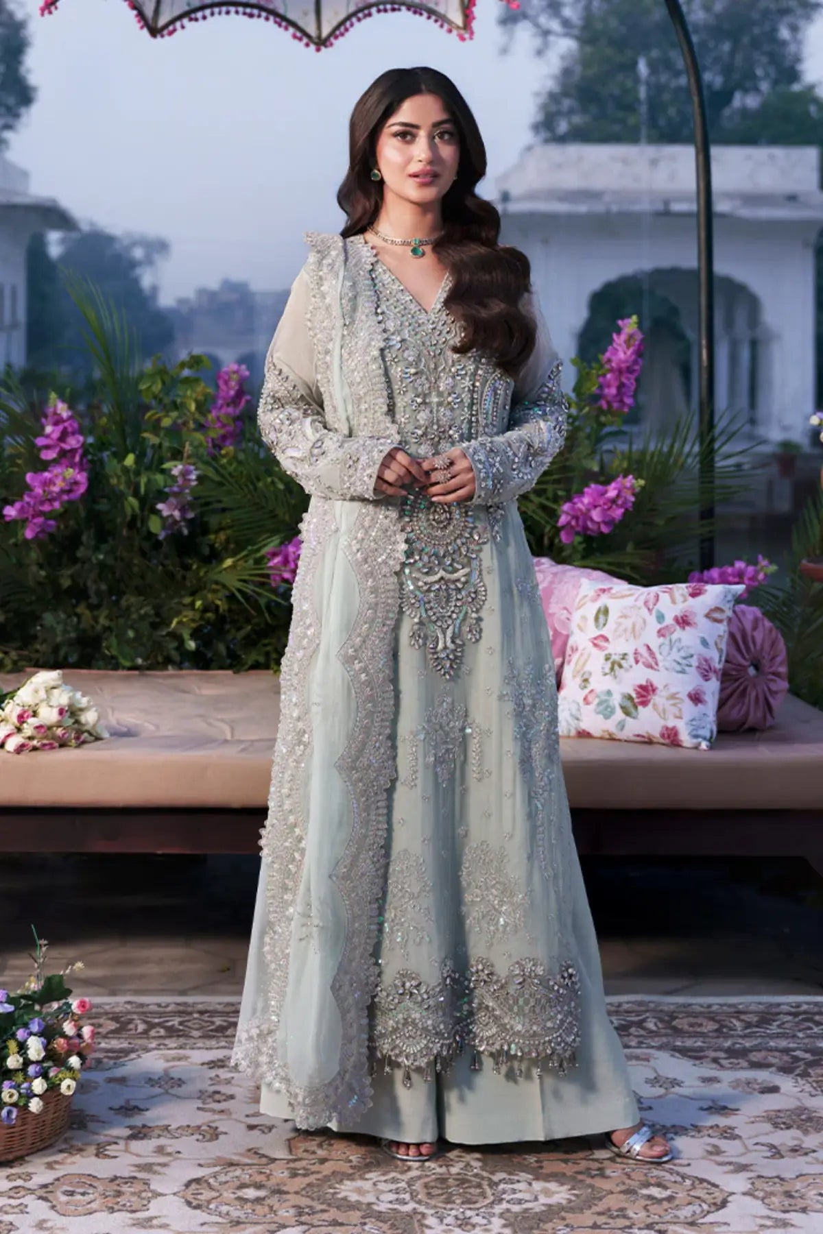 Chamak Imrozia Serene Sajal Bridal Vol 02 grey stitched formal dress embroidered organza Pakistanimoda.com