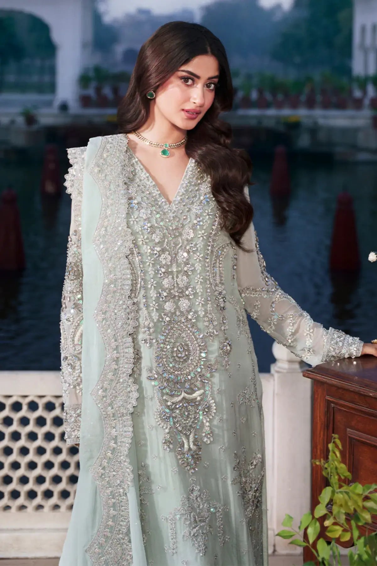 Chamak Imrozia Serene Sajal Bridal Vol 02 grey stitched formal dress embroidered organza Pakistanimoda.com