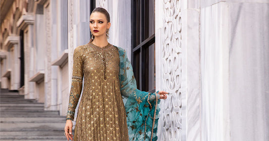 Champagne Embroidered Cotton Satin Suit By Maria B