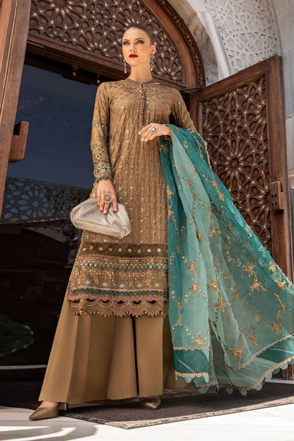 Champagne Embroidered Cotton Satin Suit By Maria B