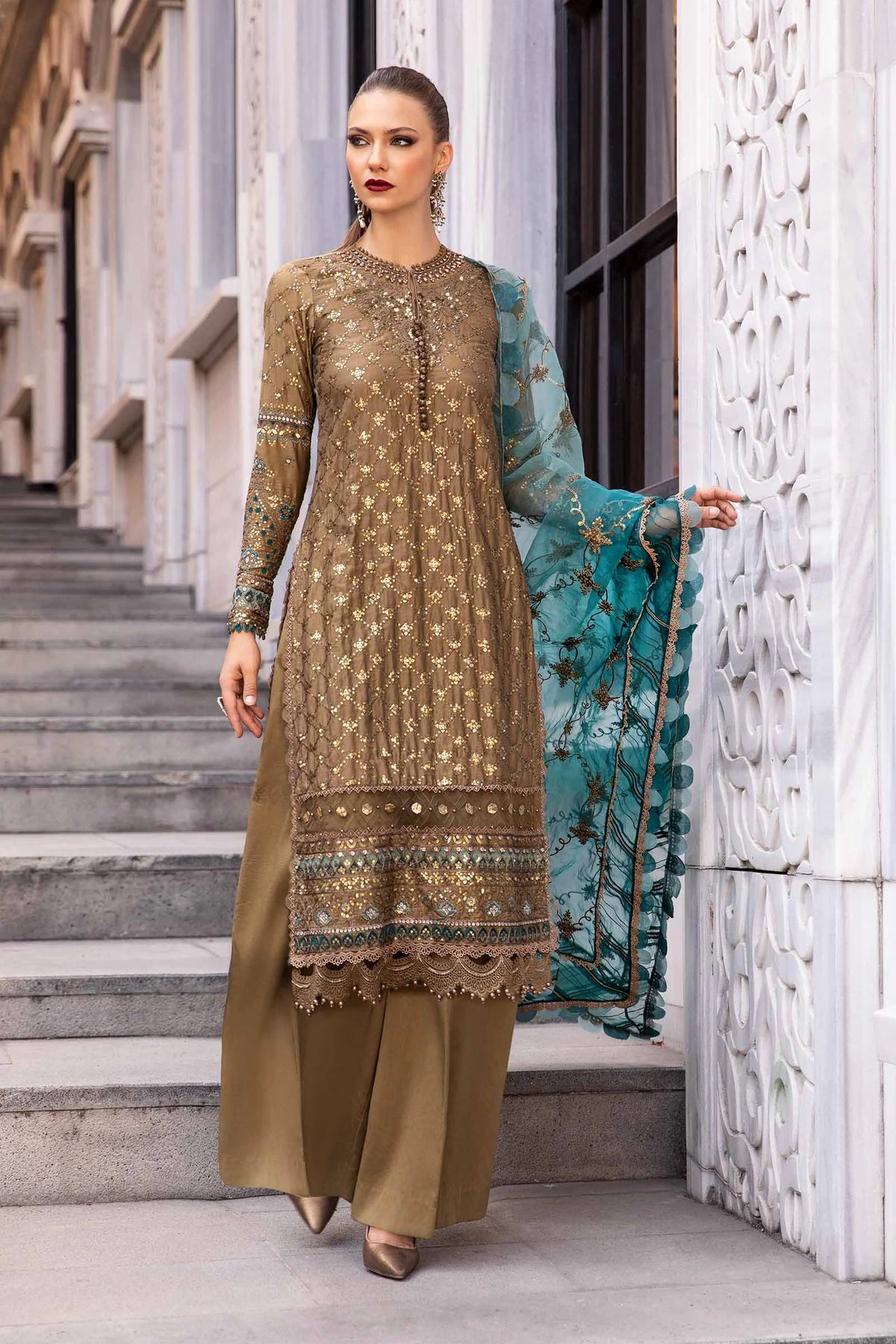Champagne Embroidered Cotton Satin Suit By Maria B