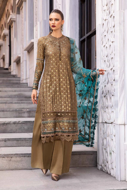 Champagne Embroidered Cotton Satin Suit By Maria B
