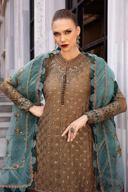 Champagne Embroidered Cotton Satin Suit By Maria B