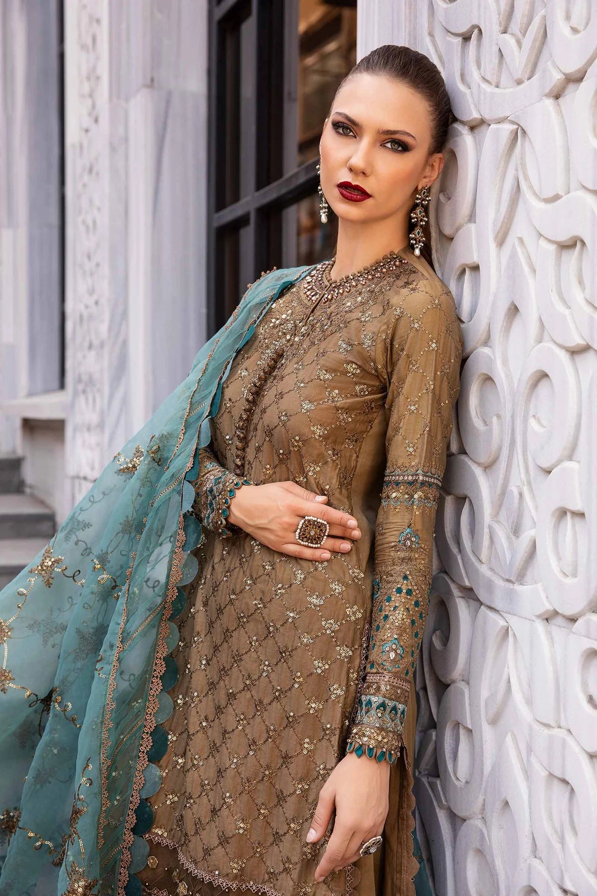 Champagne Embroidered Cotton Satin Suit By Maria B