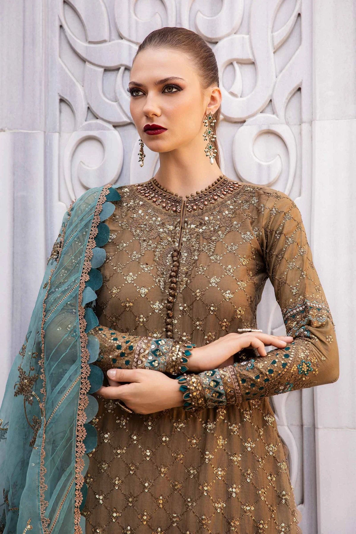 Champagne Embroidered Cotton Satin Suit By Maria B