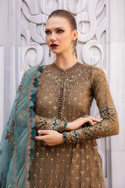 Champagne Embroidered Cotton Satin Suit By Maria B