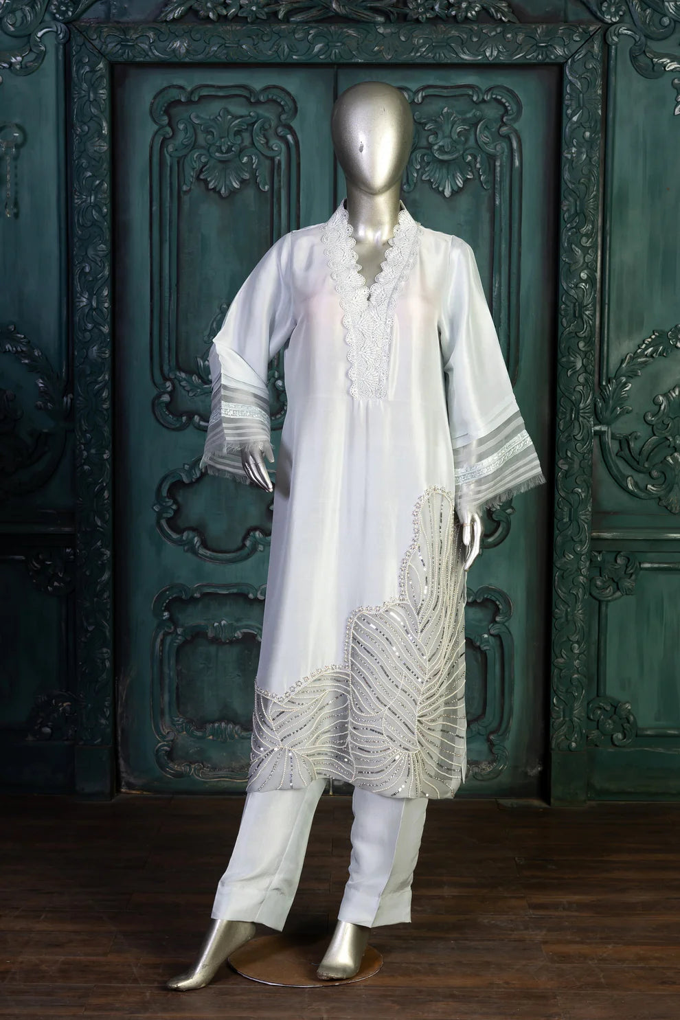 Chandani-Elegant Light Grey Embroidered Pakistani Formal Wear for Women