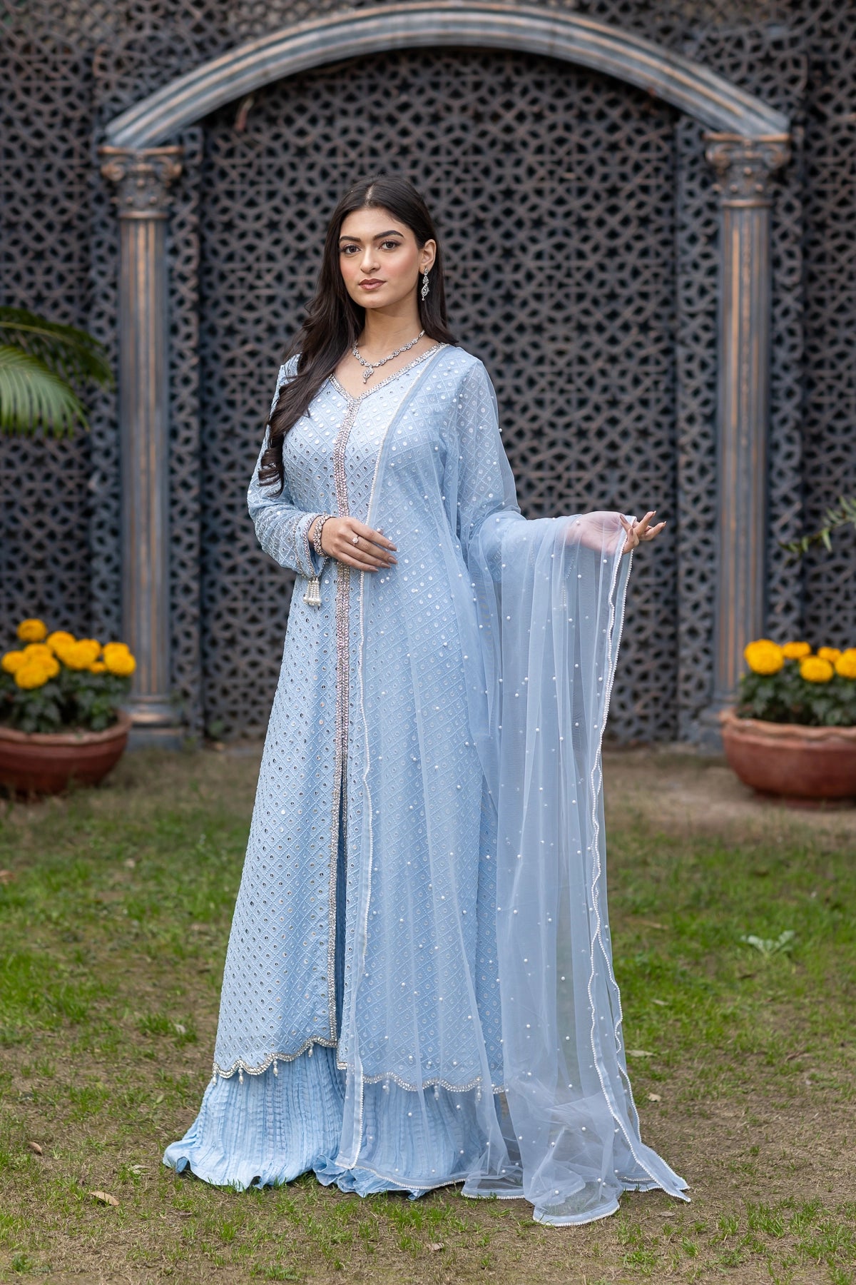 Chandani periwinkle blue chiffon sharara 3PC Eid Edit 2026 by MariamRaj