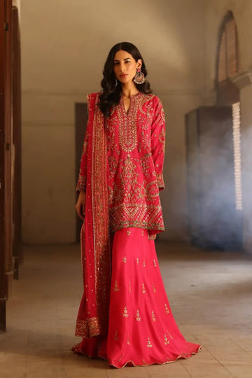 Chandni Fuchsia Pink Handworked Silk Net Sangeet Shirt with Gold Zardozi Detailing, Raw Silk Dhaka Pants and Embellished Net Dupatta