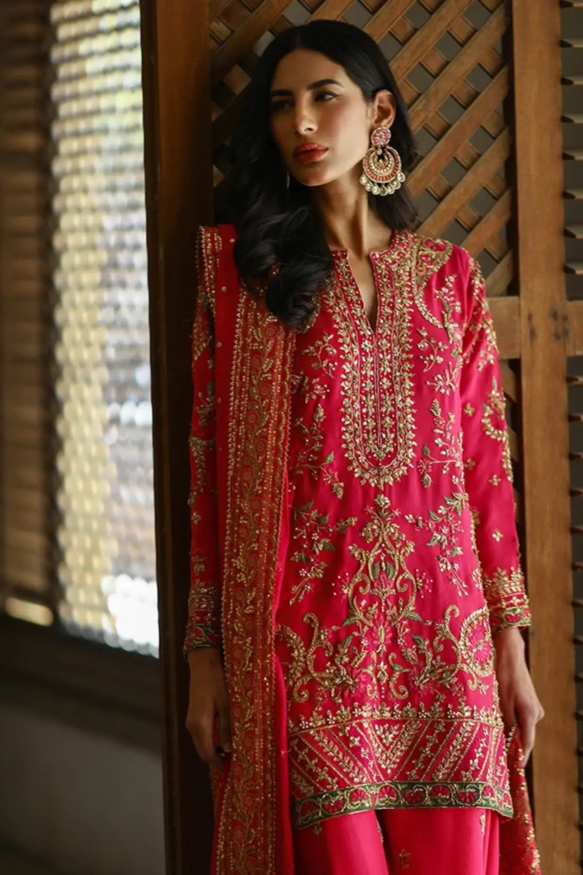 Chandni Fuchsia Pink Handworked Silk Net Sangeet Shirt with Gold Zardozi Detailing, Raw Silk Dhaka Pants and Embellished Net Dupatta