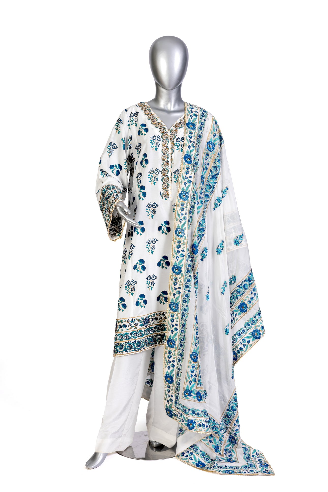 Chandni stitched Pakistani white & blue Korean silk 3pc suit with block print & embroidery – MariamRaj.com