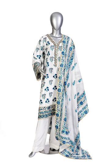 Chandni stitched Pakistani white & blue Korean silk 3pc suit with block print & embroidery – MariamRaj.com