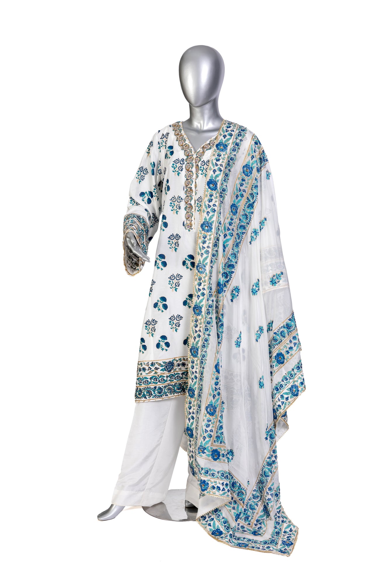 Chandni stitched Pakistani white & blue Korean silk 3pc suit with block print & embroidery – MariamRaj.com