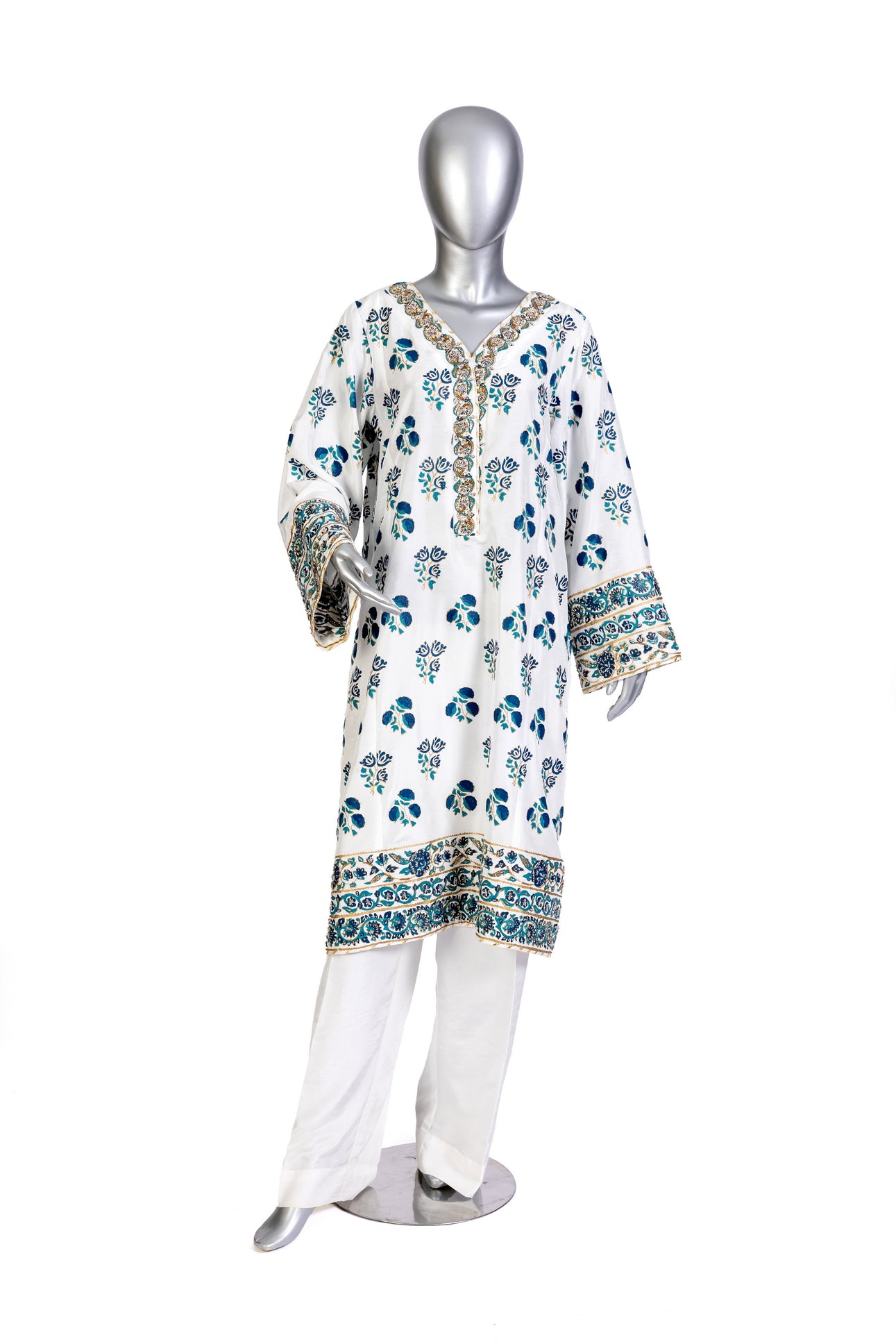 Chandni stitched Pakistani white & blue Korean silk 3pc suit with block print & embroidery – MariamRaj.com