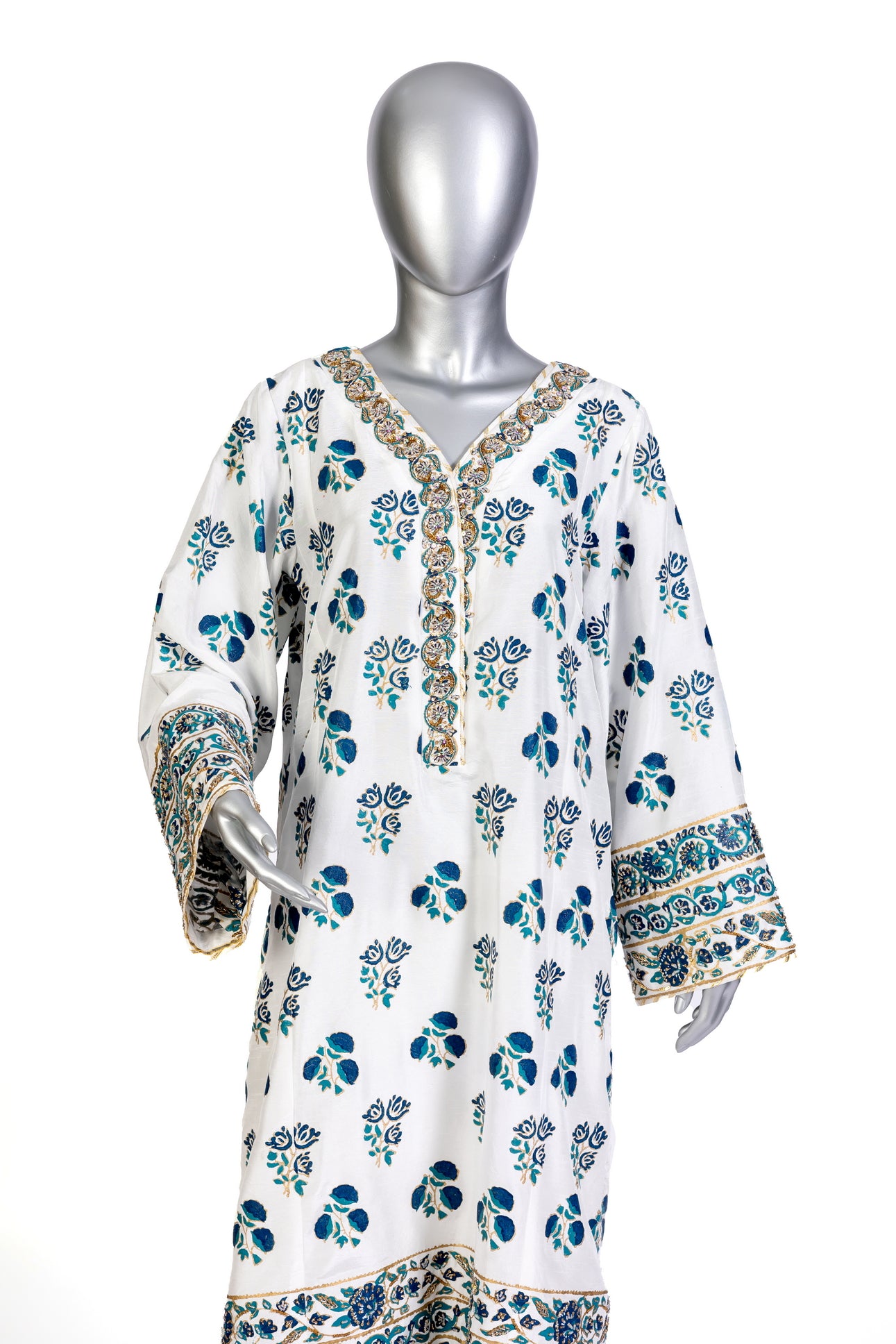 Chandni stitched Pakistani white & blue Korean silk 3pc suit with block print & embroidery – MariamRaj.com