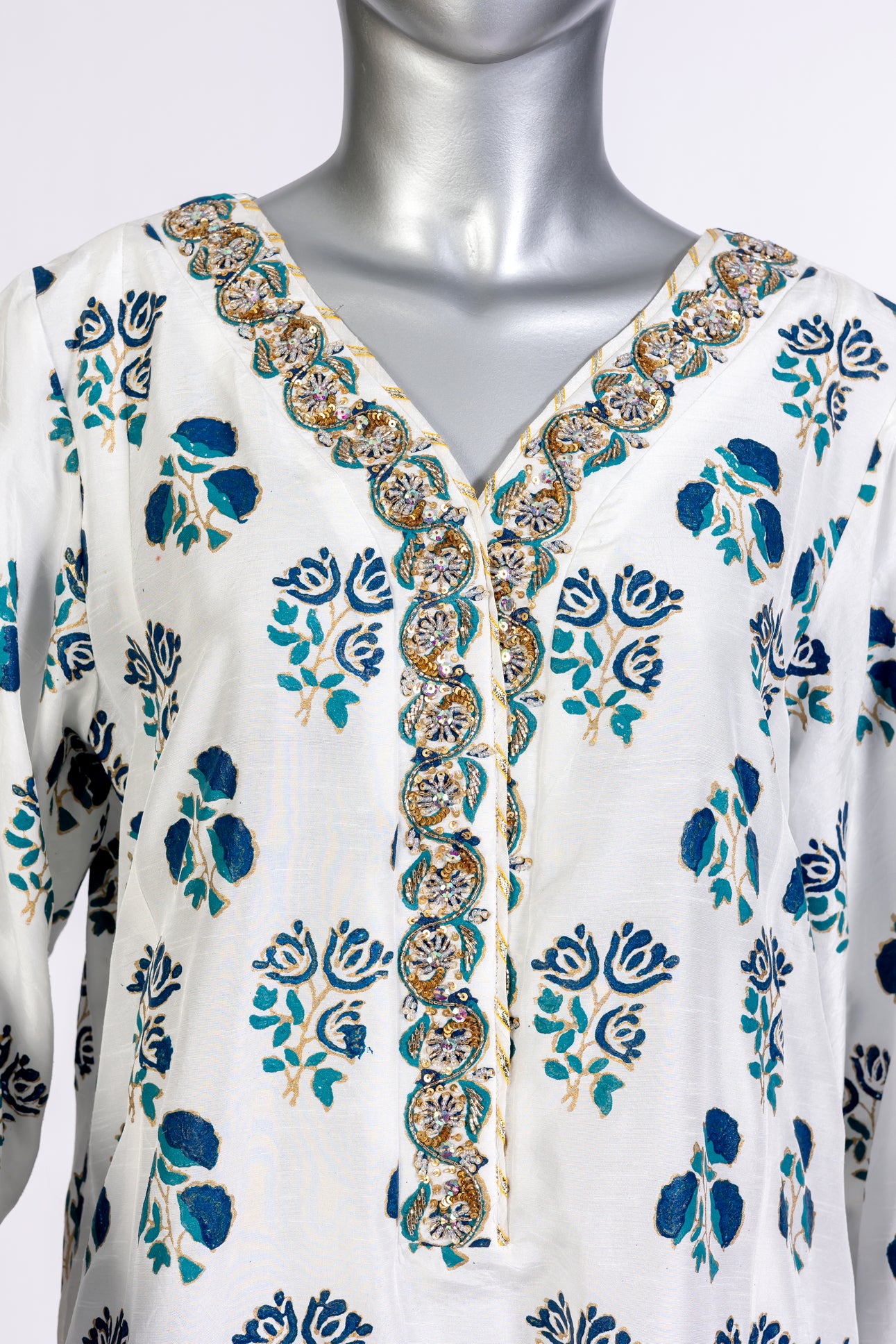 Chandni stitched Pakistani white & blue Korean silk 3pc suit with block print & embroidery – MariamRaj.com