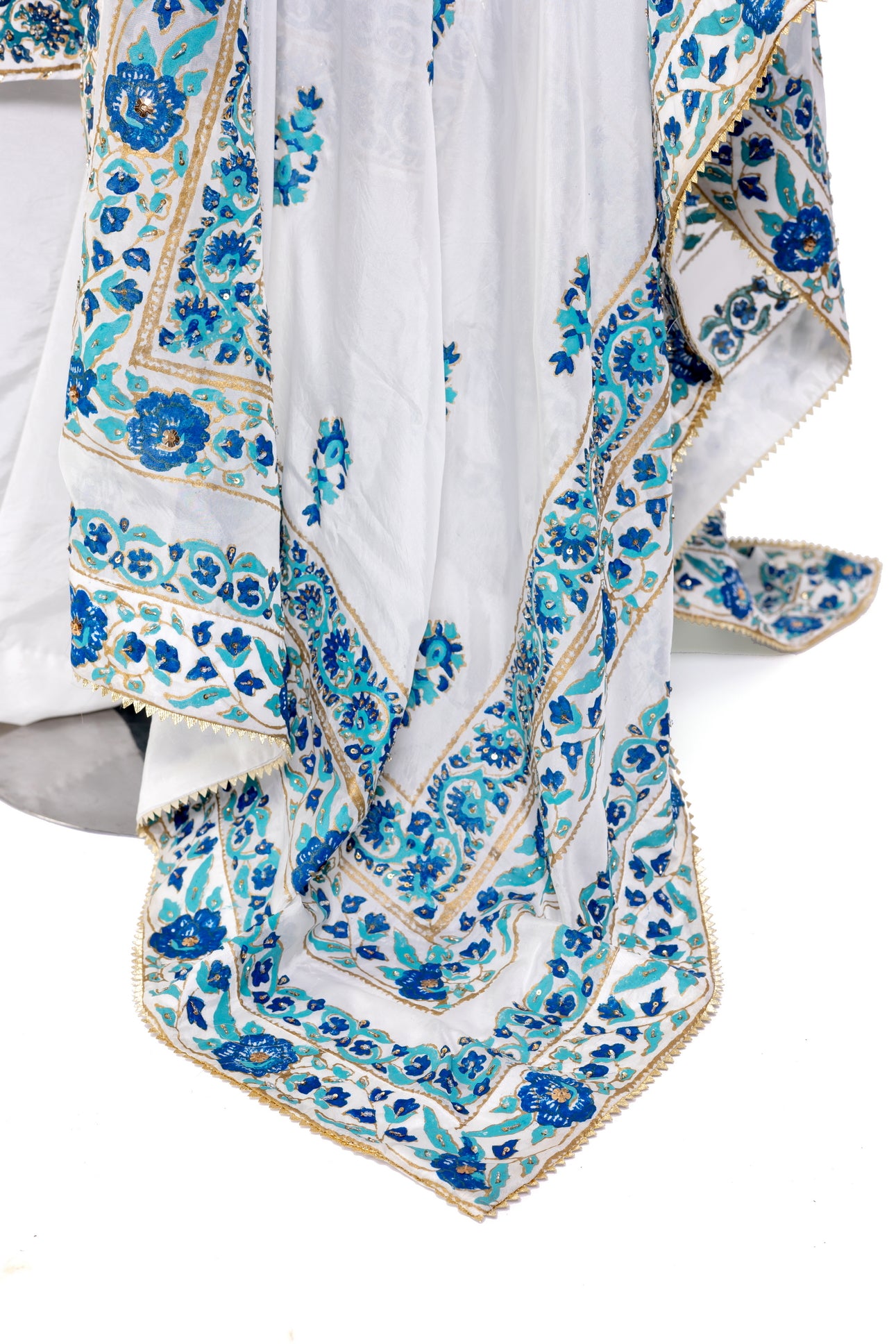 Chandni stitched Pakistani white & blue Korean silk 3pc suit with block print & embroidery – MariamRaj.com