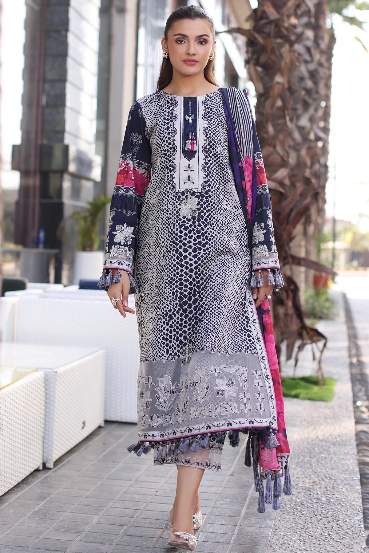 Charizma 3PC Stitched Lawn Suit CC5-26 – Navy & White Ready to Wear