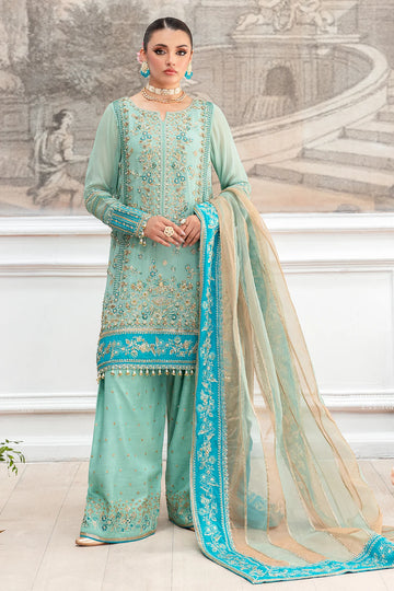Charizma DD5-04 stitched sage green and blue chiffon dress with embroidery and organza dupatta – Diamond Dust Collection at Pakistanimoda worldwide