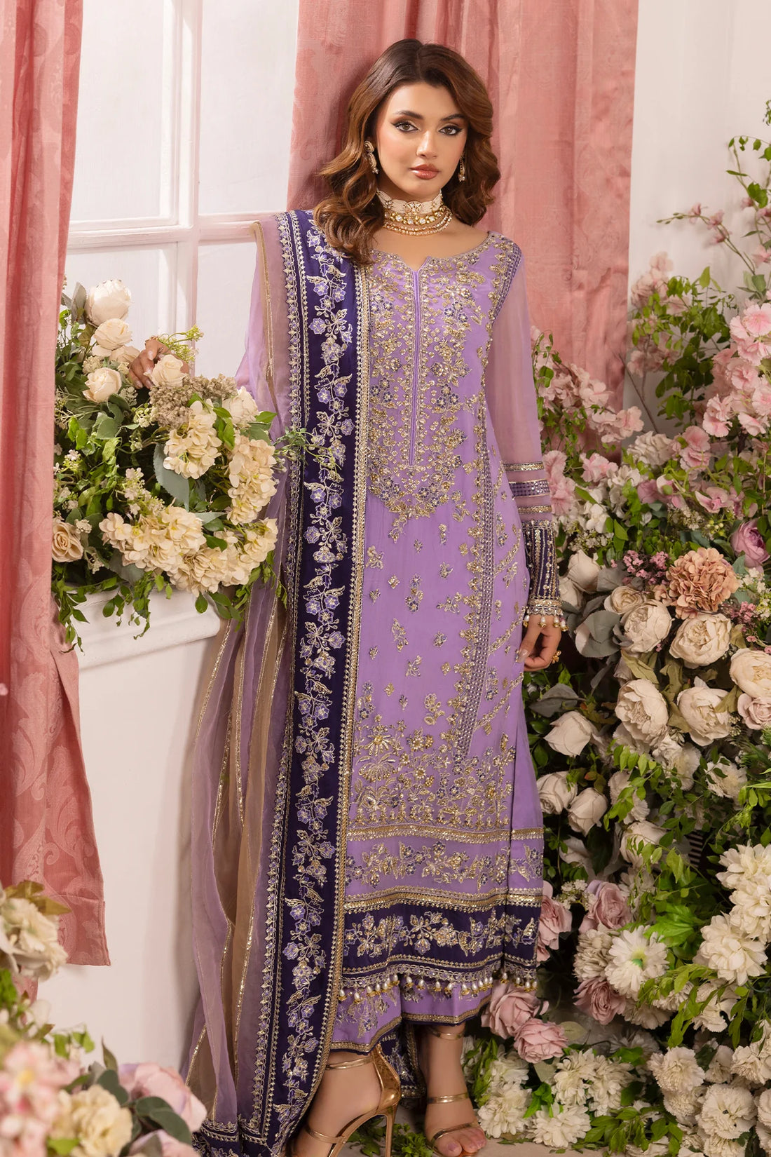 Charizma DD5-05 stitched lavender chiffon suit with adda work and embroidered dupatta – formal wedding outfit from Diamond Dust at Pakistanimoda worldwide