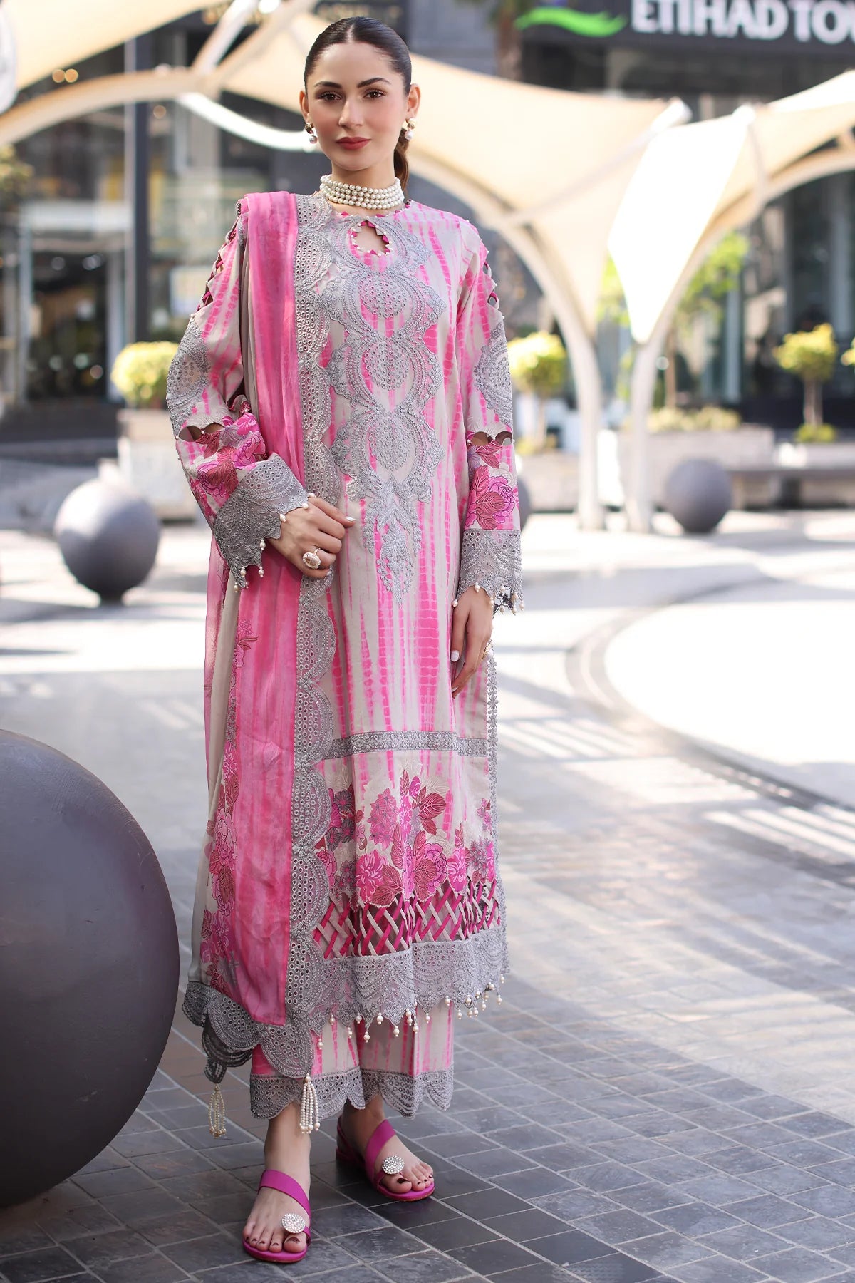 Charizma Stitched Lawn Suit Pink Grey -3PC Embroidered with Chiffon Dupatta