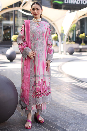 Charizma Stitched Lawn Suit Pink Grey -3PC Embroidered with Chiffon Dupatta
