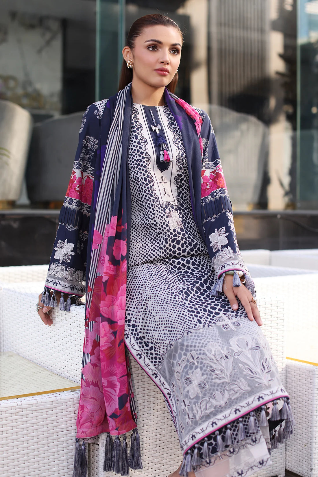 Charizma 3PC Stitched Lawn Suit CC5-26 – Navy & White Ready to Wear