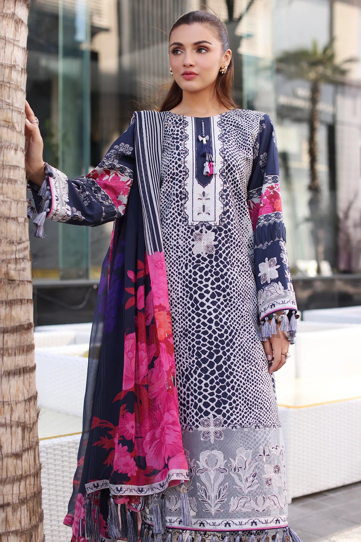Charizma 3PC Stitched Lawn Suit CC5-26 – Navy & White Ready to Wear