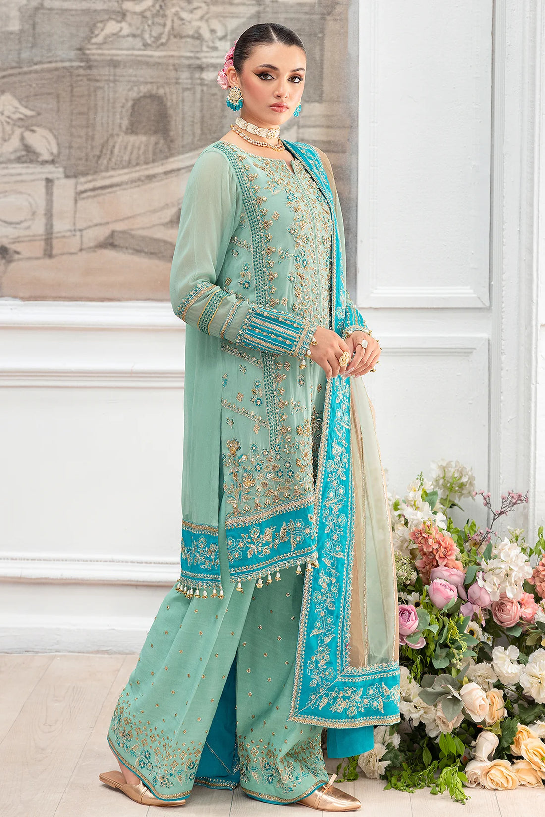 Charizma DD5-04 stitched sage green and blue chiffon dress with embroidery and organza dupatta – Diamond Dust Collection at Pakistanimoda worldwide