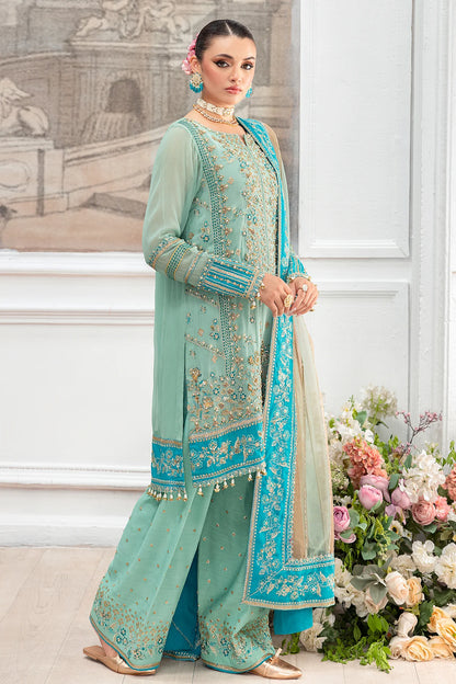 Charizma DD5-04 stitched sage green and blue chiffon dress with embroidery and organza dupatta – Diamond Dust Collection at Pakistanimoda worldwide