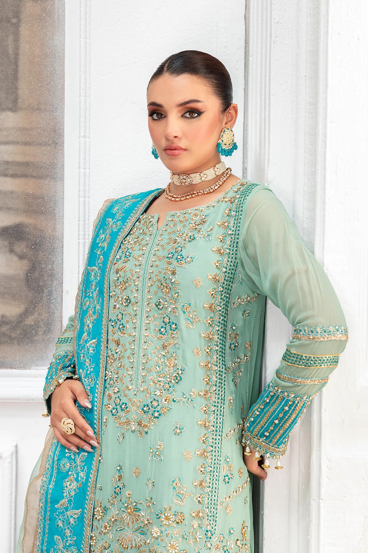Charizma DD5-04 stitched sage green and blue chiffon dress with embroidery and organza dupatta – Diamond Dust Collection at Pakistanimoda worldwide