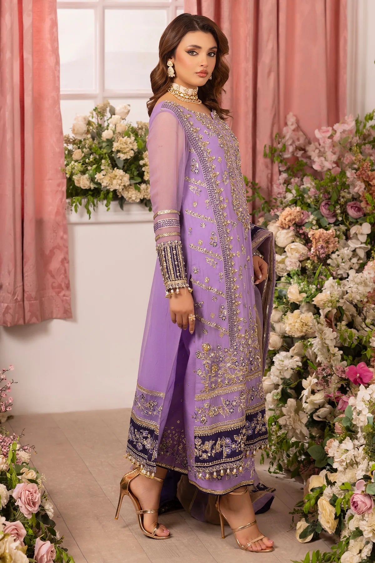 Charizma DD5-05 stitched lavender chiffon suit with adda work and embroidered dupatta – formal wedding outfit from Diamond Dust at Pakistanimoda worldwide