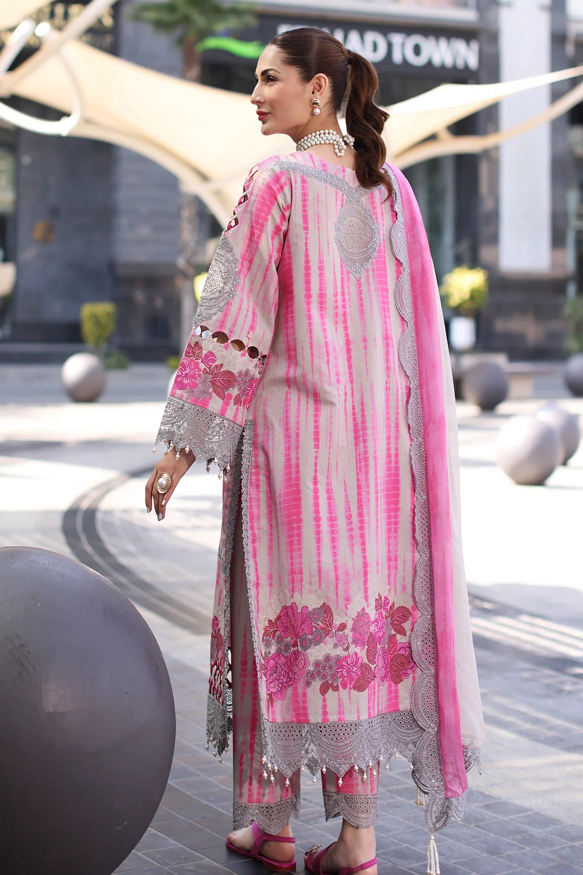 Charizma Stitched Lawn Suit Pink Grey -3PC Embroidered with Chiffon Dupatta