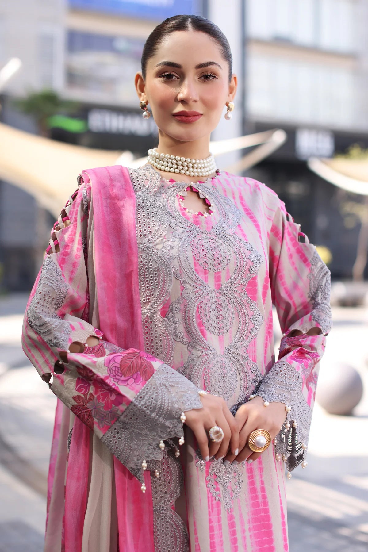 Charizma Stitched Lawn Suit Pink Grey -3PC Embroidered with Chiffon Dupatta