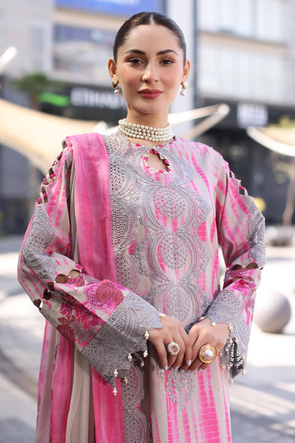 Charizma Stitched Lawn Suit Pink Grey -3PC Embroidered with Chiffon Dupatta