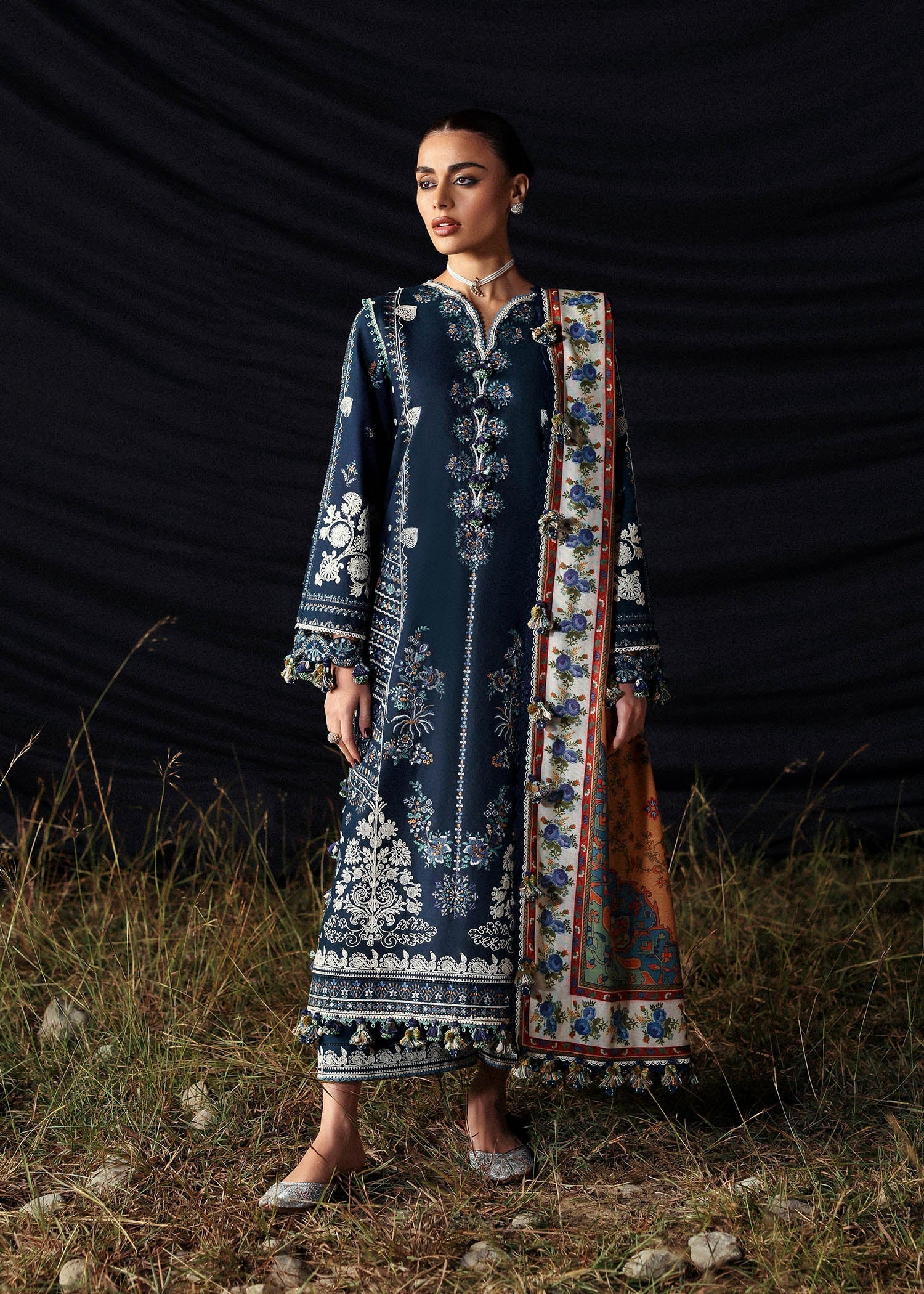 Hussain Rehar Chashm-e-Bahr dark blue embroidered khaddar stitched suit with printed wool shawl at Pakistanimoda.