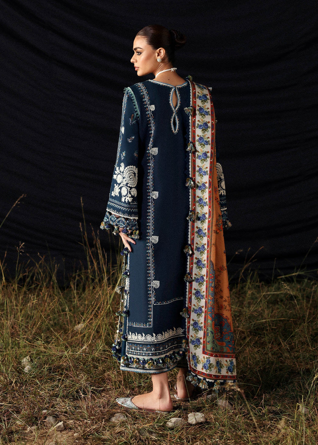 Hussain Rehar Chashm-e-Bahr dark blue embroidered khaddar stitched suit with printed wool shawl at Pakistanimoda.