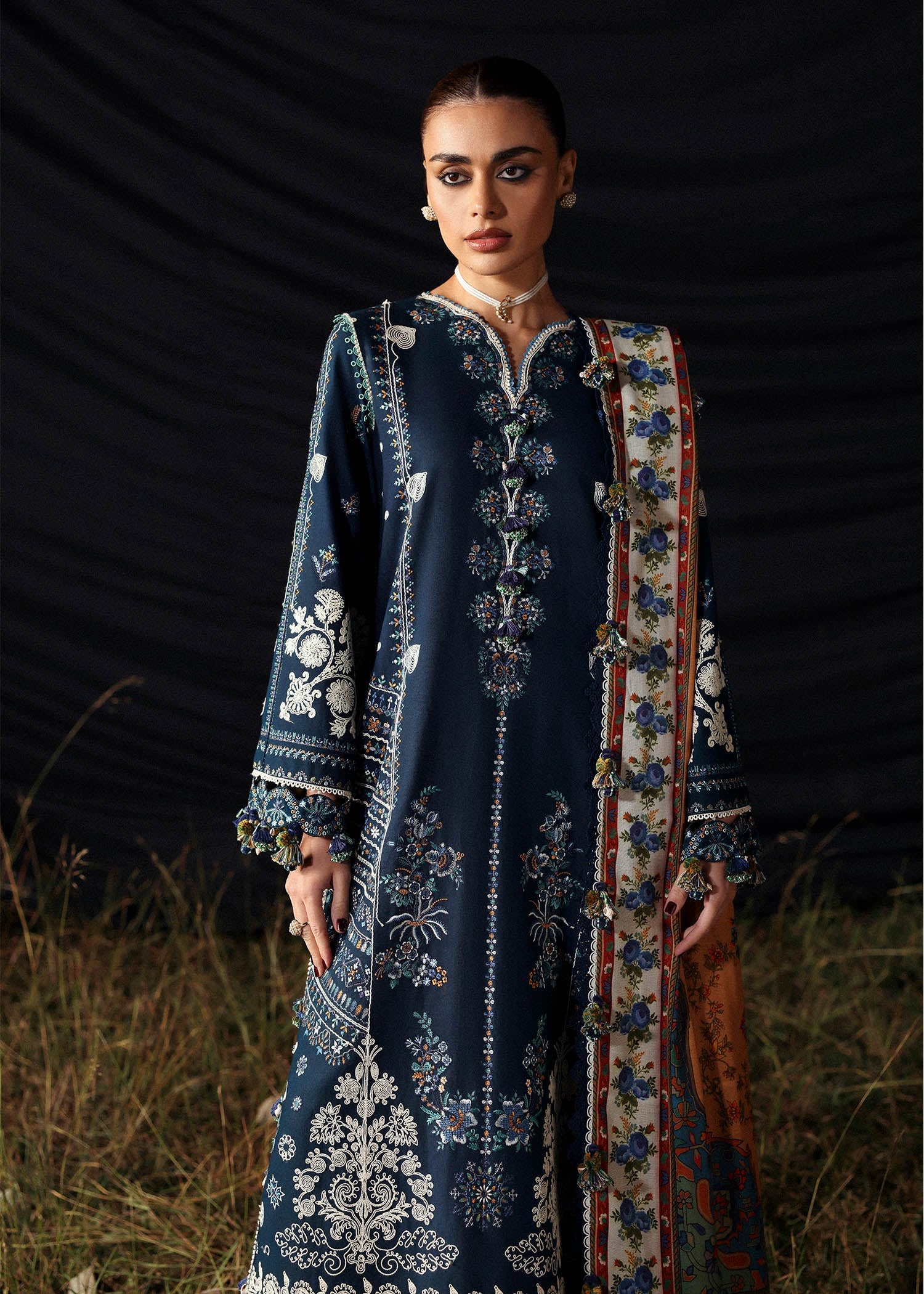 Hussain Rehar Chashm-e-Bahr dark blue embroidered khaddar stitched suit with printed wool shawl at Pakistanimoda.