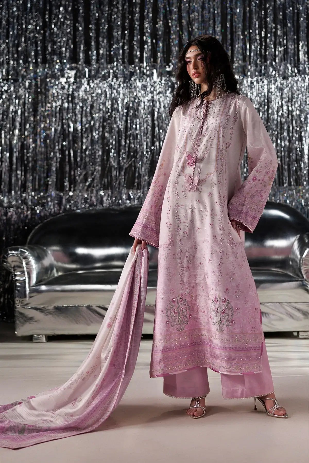 Cherie blush pink printed raw silk festive stitched 3PC suit with hand embellishments and Tusser silk dupatta