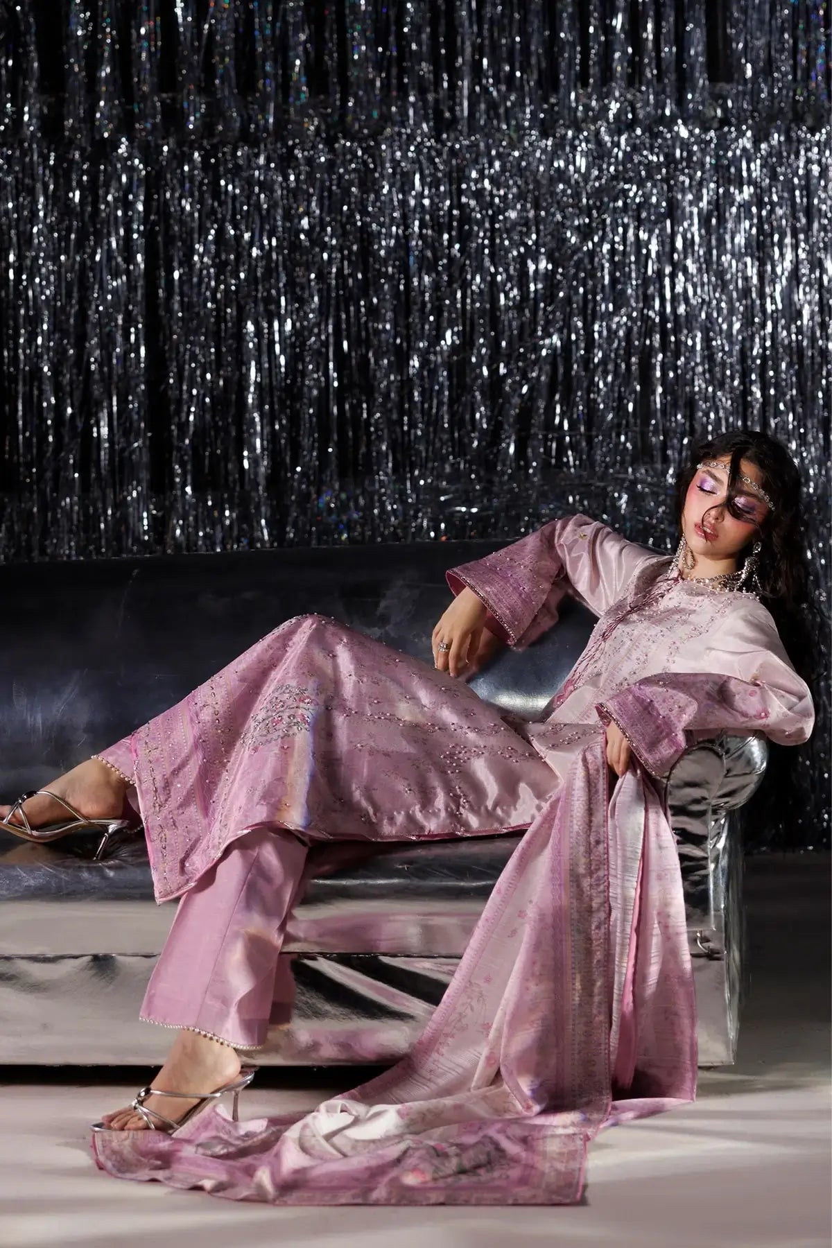 Cherie blush pink printed raw silk festive stitched 3PC suit with hand embellishments and Tusser silk dupatta