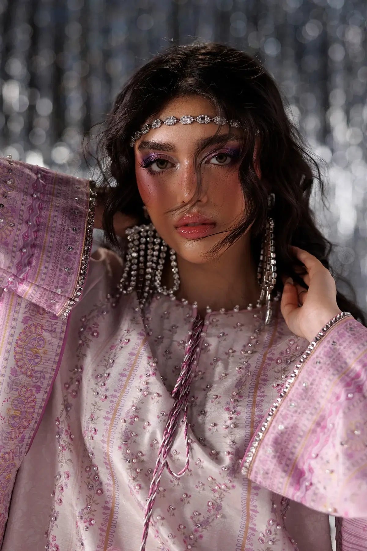 Cherie blush pink printed raw silk festive stitched 3PC suit with hand embellishments and Tusser silk dupatta