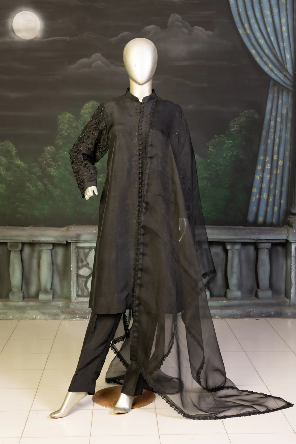Chic Monochrome- Statement Black Korean Silk Suit for Festive Occasions