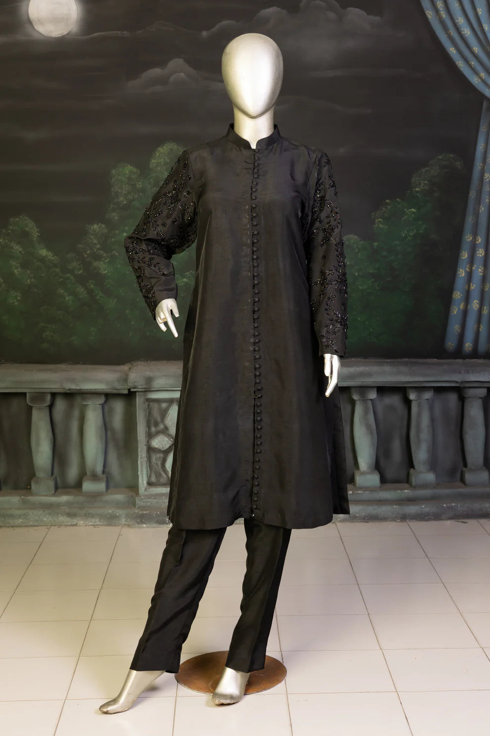 Chic Monochrome- Statement Black Korean Silk Suit for Festive Occasions