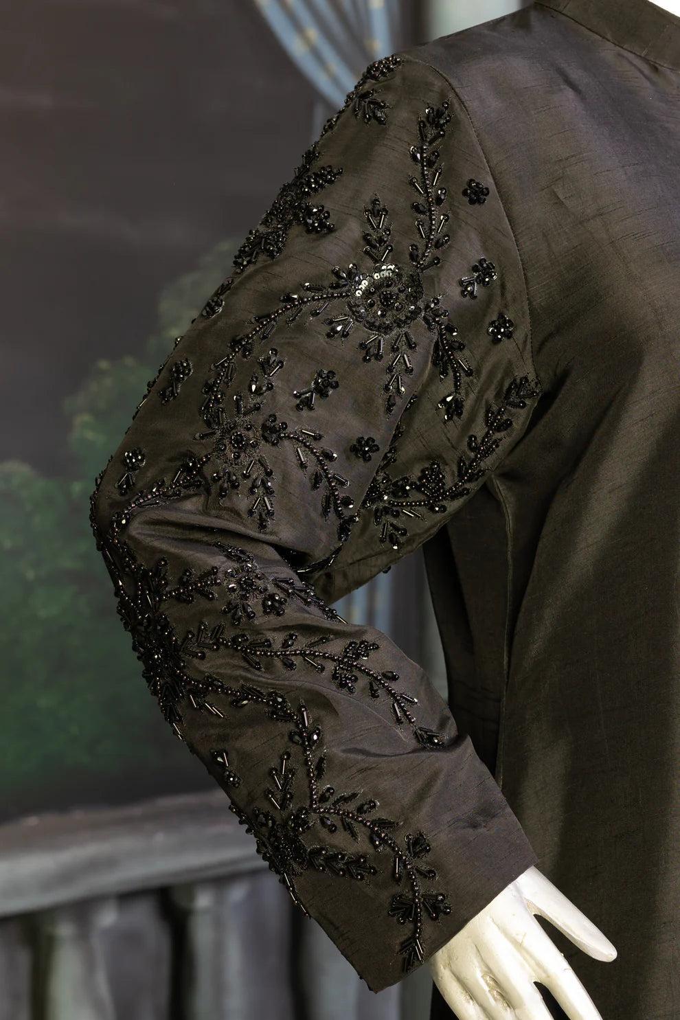 Chic Monochrome- Statement Black Korean Silk Suit for Festive Occasions